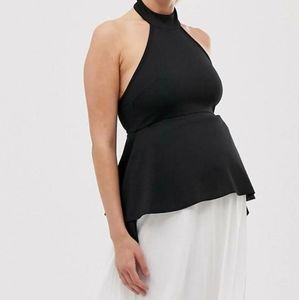 Maternity color block halter pleated maxi dress